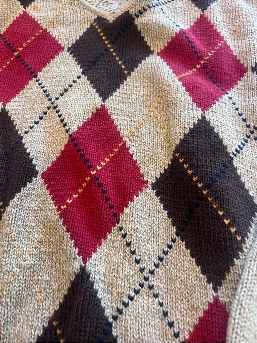 Vintage Men's V-Neck Argyle Cardigan Sweater in Tan, Brown & Red Fall Academia